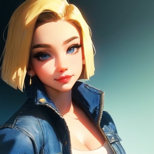 sam yang, 1girl, backlighting, android 18, blonde hair, blue eyes, short hair, jewelry, earrings, looking at viewer, breas...